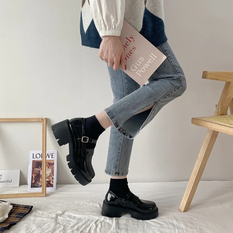 

ELLALEE Women Pumps Platform Vintage JK Shoes Woman Heels Sweet Lolita Style Shallow Handmade College Student Loafers