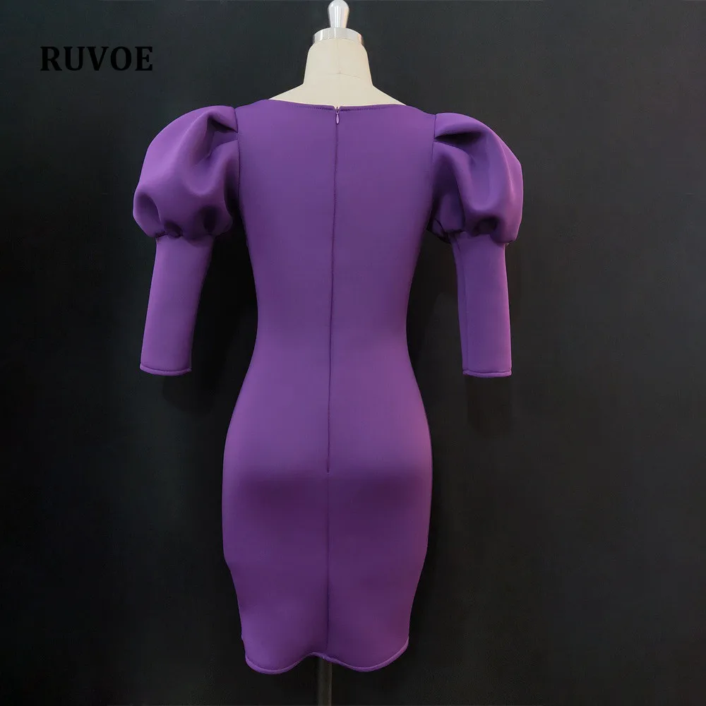 

Solid Purple Puff Sleeve Sexy Bodycon Dress XXL Plus Size Basic Autumn 2020 Elegant Club Dress Women Office Lady Dresses EN-139