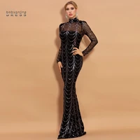 sequins long evening dress robe de soiree sexy illusion long sleeves evening prom gowns high neck white black dress vestido