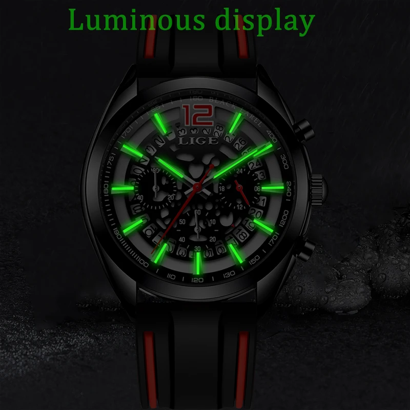 

Часы наручные LIGE мужские спортивные в стиле милитари, брендовые Роскошные Кварцевые с силиконовым ремешком, с перфорацией