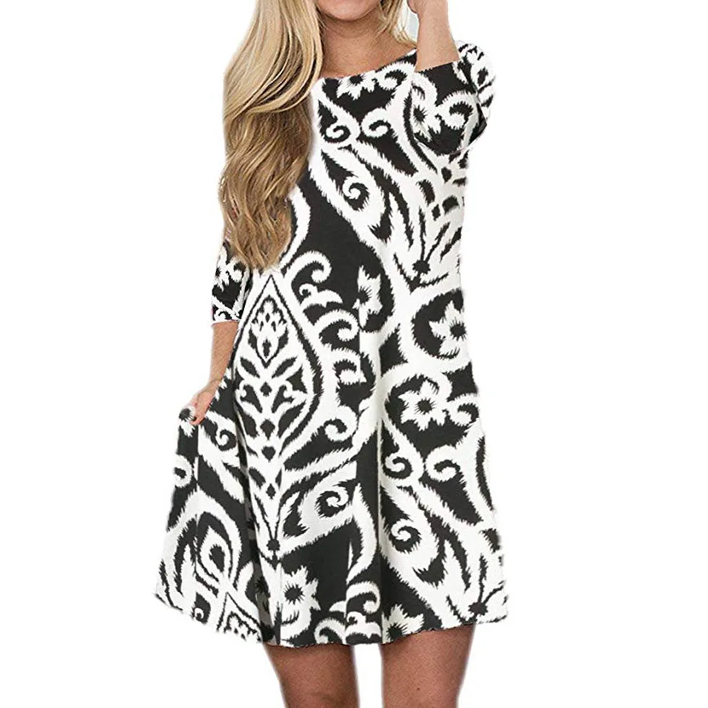 

Three-quarter Sleeves Ethnic Print Pocket Ladies Mid-waist Big Swing Women Dress Vintage Indie Folk O-Neck Female Mid Dresses