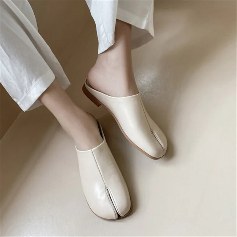 PXELENA Ins Luxury Split Toe Slides Women Full Genuine Leather Pig Feet Summer Slippers Flat Comfort Tabi Ninja Shoes Lady Mules | Обувь