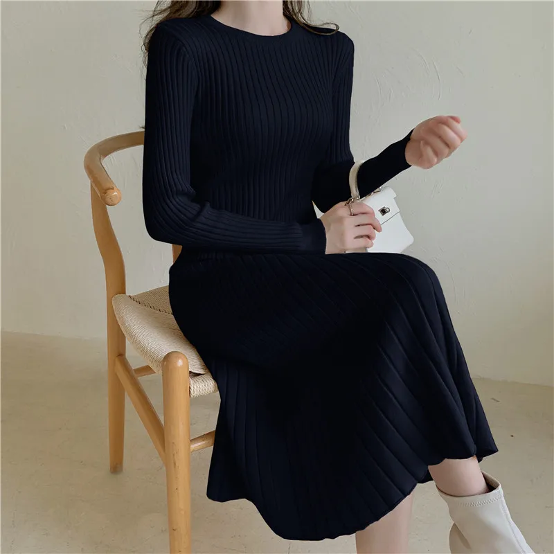 

New Elegant O-neck A-Line Ladies Sweater Knitted Casual Slim Waist Solid Women Autumn Winter Dress