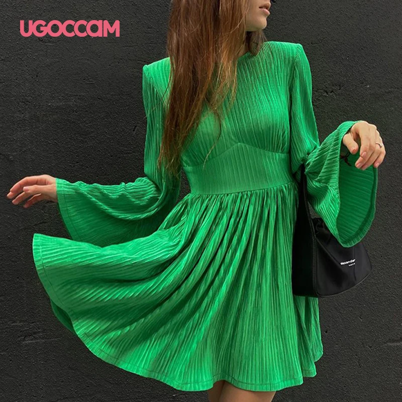 

Женское вечернее платье UGOCCAM, весеннее Плиссированное элегантное зеленое платье с расклешенным рукавом и круглым вырезом, вечернее мини-пл...