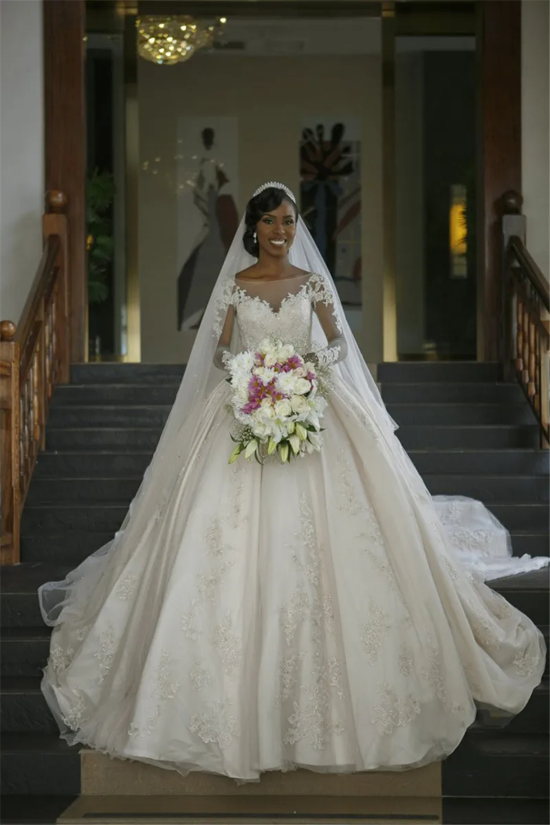 Vestido De novia De manga larga 2019 bata De Mariee vestidos De novia De encaje con cuentas De lujo noiva