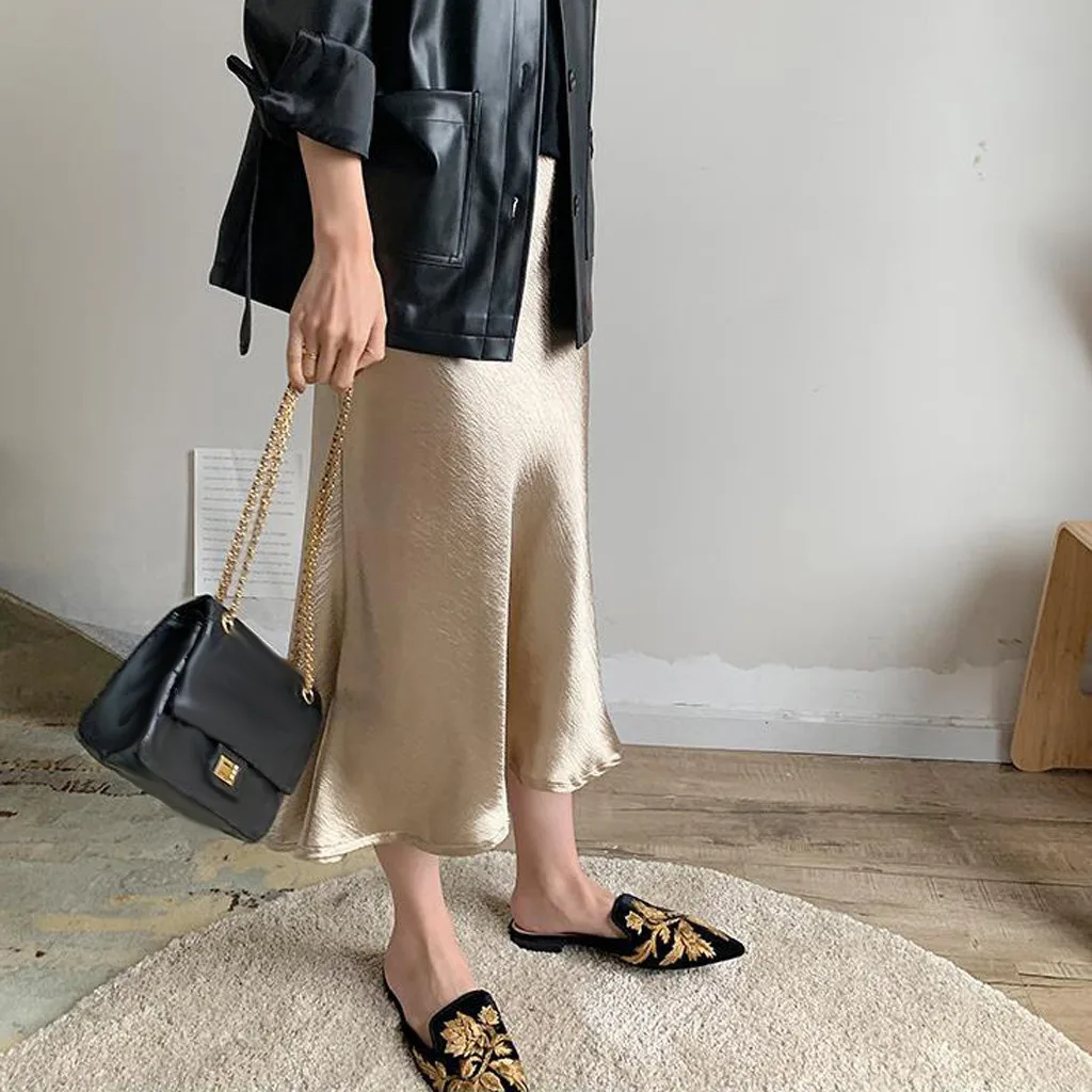 

Fashion Summer Europe and America Women Clothing Women's Skirt Satin High Waist Zipper Solid Color Loose Casual A-Line Skirts