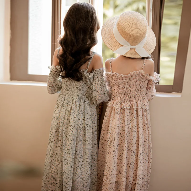 Платья для девочек 2020 г. Летнее длинное шифоновое детское платье с цветочным