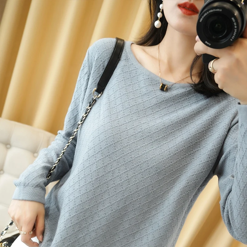 

Women's Base Shirt Autumn and Winter Knitwear% Cotton New Short Loose 2021 Low round Neck Knitted Korean Style Hollow