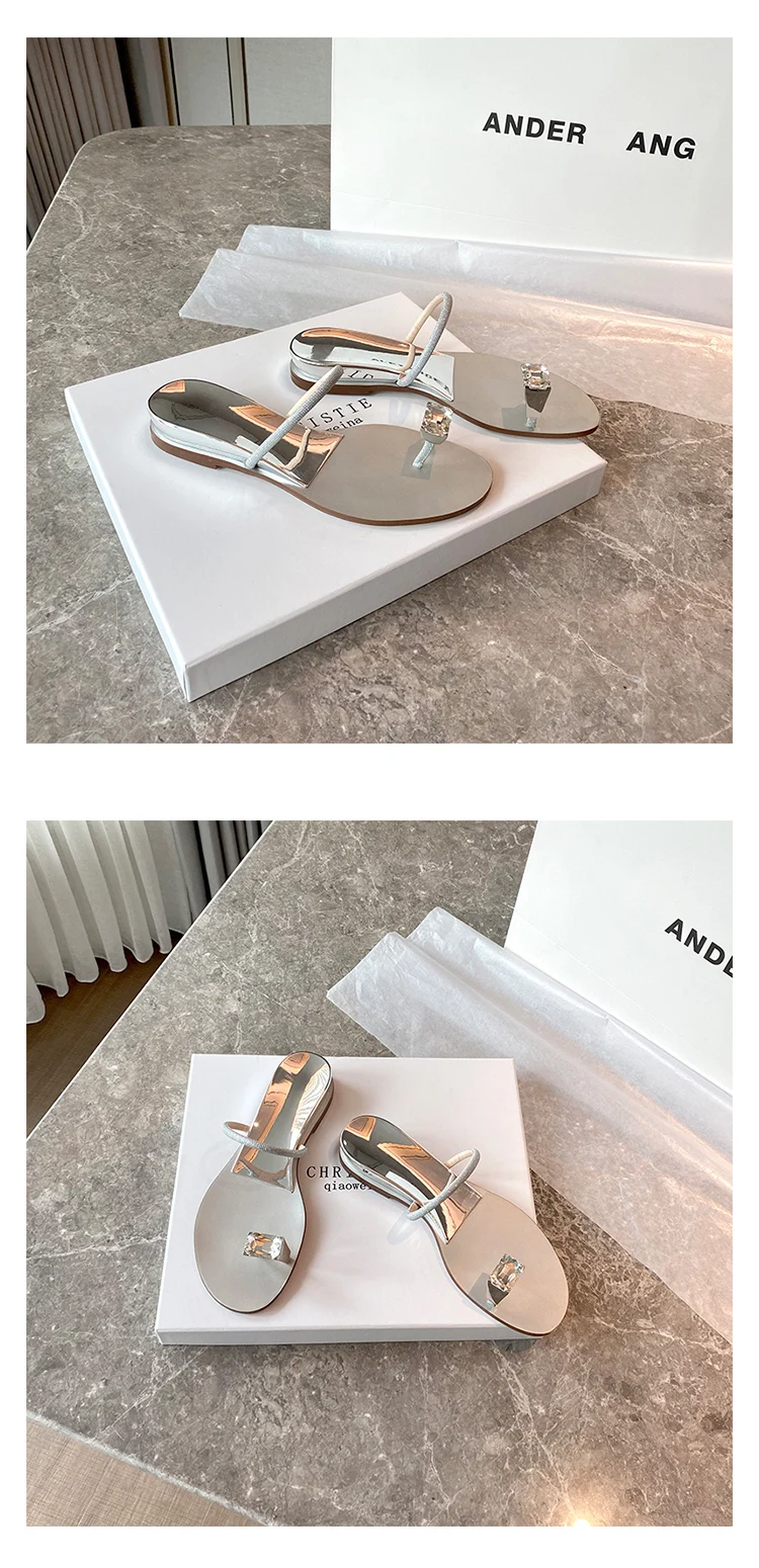 Шлепанцы женские летние тонкие стразы с зажимом 2021 носка на плоской подошве