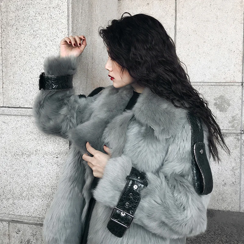 LANMREM новинка 2019 зимнее женское однотонное меховое пальто с отворотом свободное