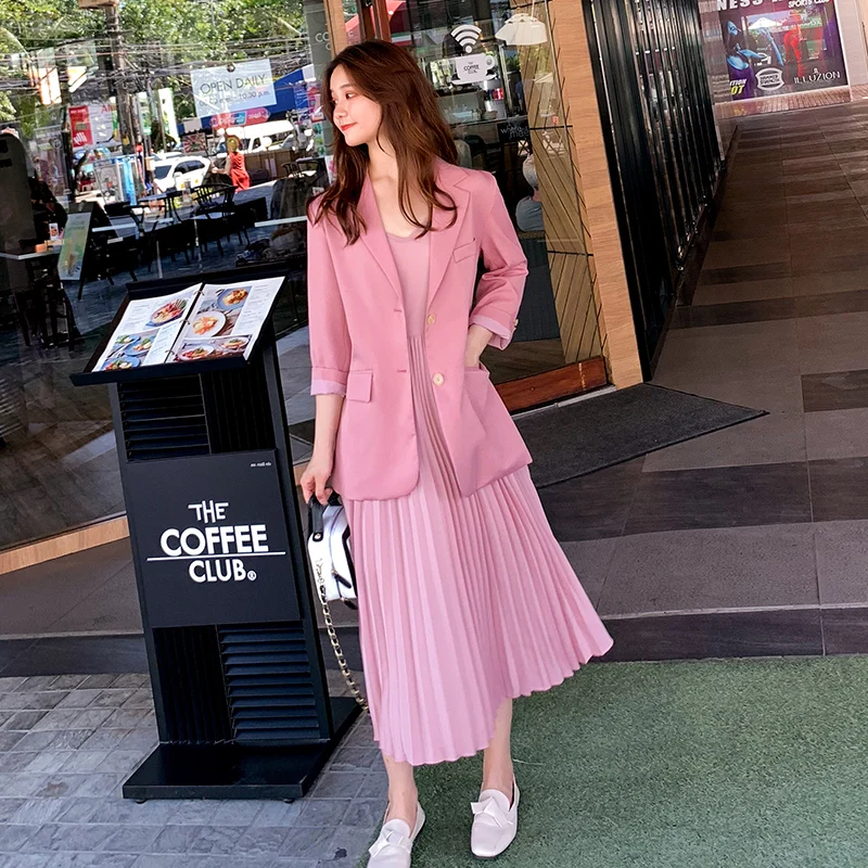 Элегантные женские костюмы комплект из двух предметов Блейзер платье костюм