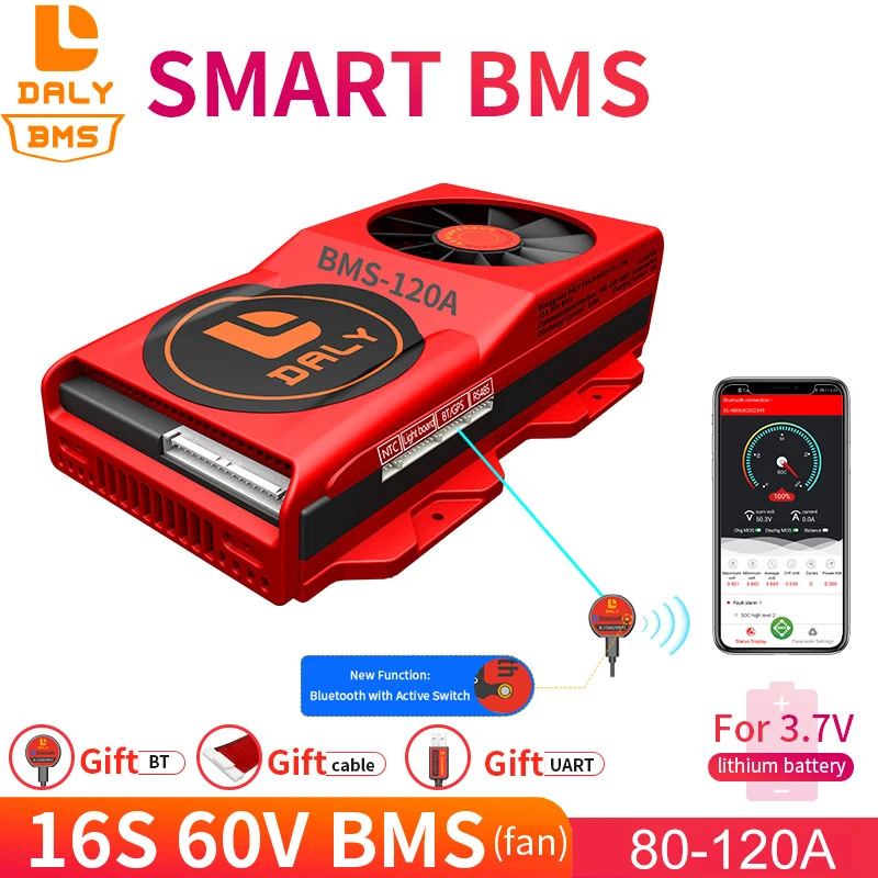 

18650 smart BMS 16S 60V 80A 100A 120A Bluetooth 485 to USB device NTC UART software togther Lion LiFepo4 Battery BMS With Fan