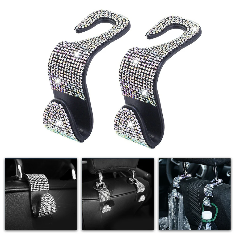 

Headrest Hooks Hanger Hooks Interior Crystal Car 2pcs Rhinestone For Bag Grocery Holder