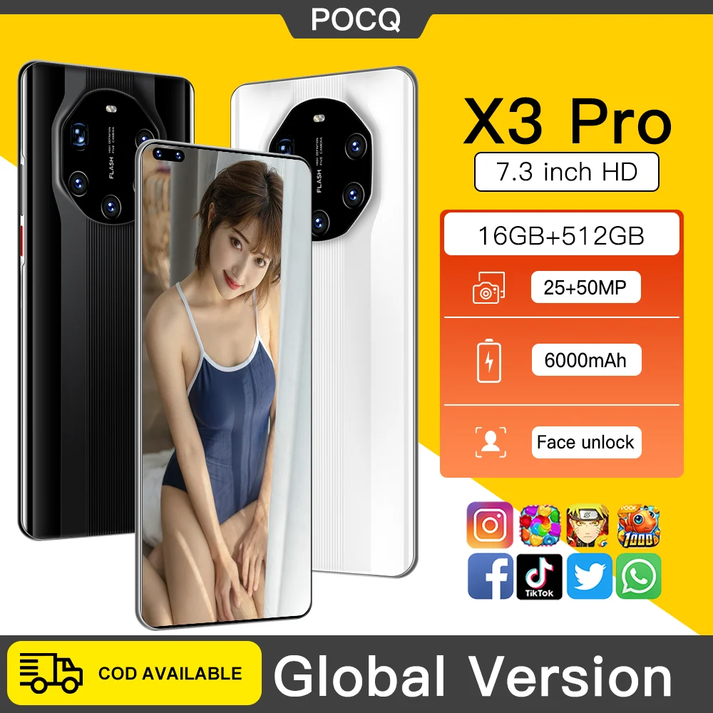 

Global Version POCQ X3 Pro 7.3Inch Android10 Smartphone 25+50MP 16+512G Mobile Phone 6000mAh 4G/5G Unlock Celular Support Google