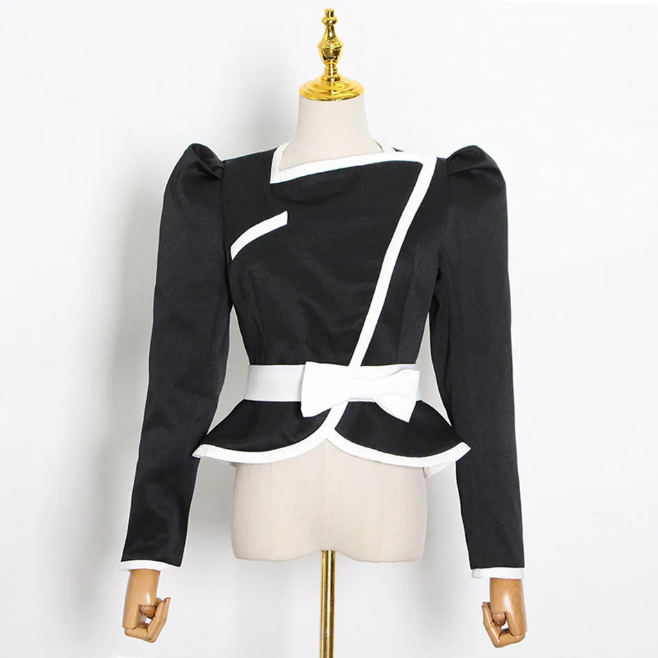 

Patchwork Bow 2 Two-piece Set Women's Long-sleeved Short Top High Waist Tight Skirt Casual Suit Women 2021