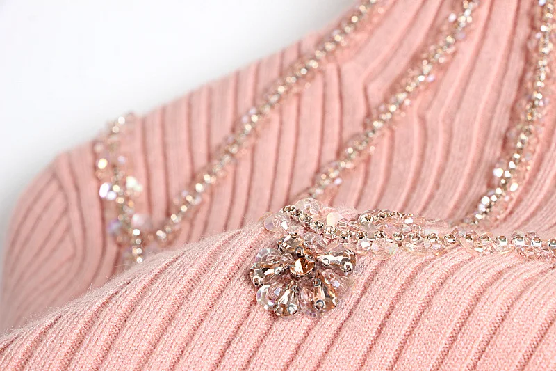 

2020 Fall Women Autumn Winter Ruffles Turtleneck Knit Luxury Beading Sequins Diamonds Sweaters Korean Vintage Pullover Female