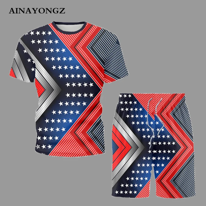 

Костюм мужской летний повседневный, футболка и шорты с принтом в виде звезд и полосок, модный шикарный костюм для бега, 2022