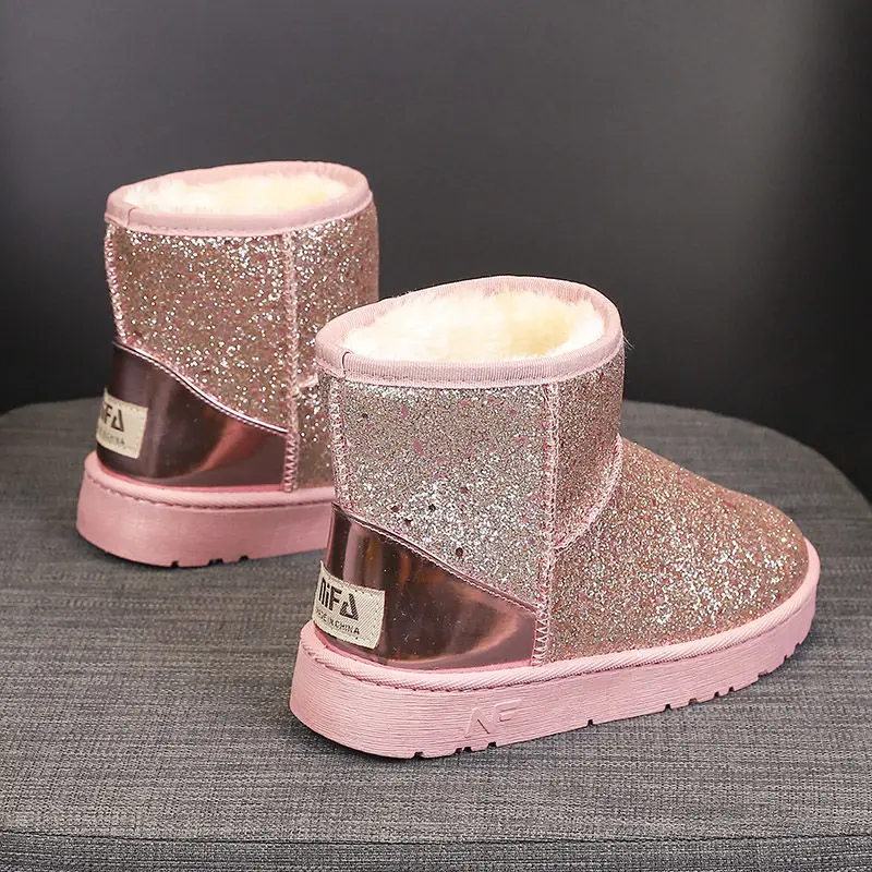 

2021 Winter New Women Sequins High-top Thicken Plus Velvet Warm Snow Boots Female Fashion Platform Non-slip Casual Cotton Shoes