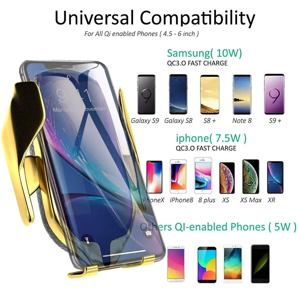Для Iphone 11 pro samsung Note 10 10 Вт автомобильное беспроводное зарядное устройство держатель телефона инфракрасный индуктивность Qi автоматическое зажимное автомобильное быстрое зарядное устройство