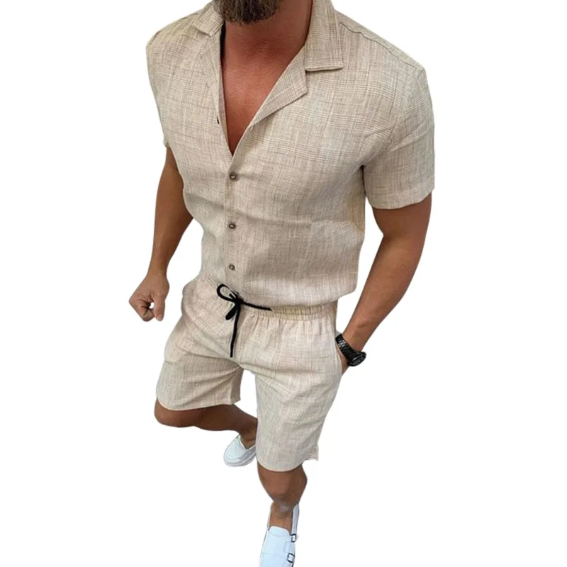 

Summer Clothes Men's 2 Pieces Sets Casual Shorts And Short-sleeved T Shirt Men Breathable Slim Fit V Neck Linen Suits 2021 New