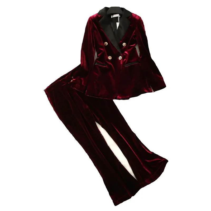 

2020 Autumn Velvet Two Piece Set Women Double Breasted Blazer Jacket And Zipper Flare Pants Suit Office Lady 2 Piece Set Female
