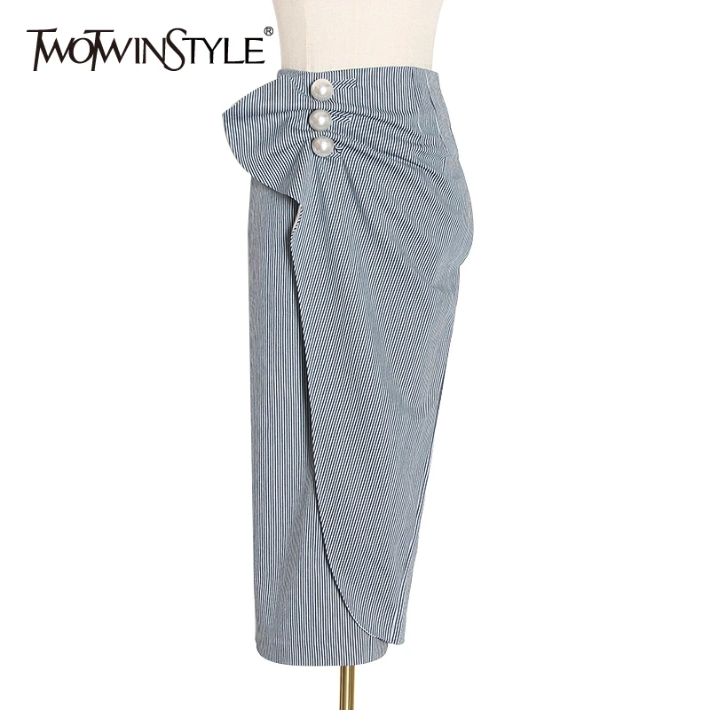 Женская Асимметричная юбка TWOTWINSTYLE Полосатая миди с высокой талией и рюшами 2020 |