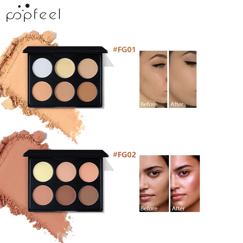 POPFEEL 6 цветов контроль масла лица прессованный порошок+ кисть для лица Тени Порошок корректор для лица база для макияжа порошок 55 г