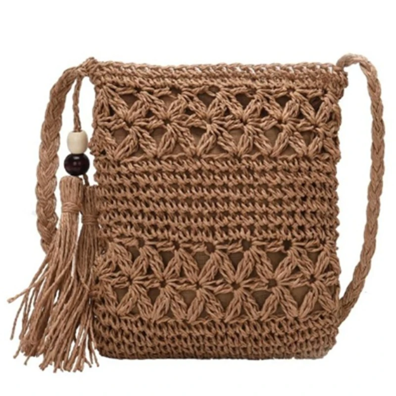 

Messenger Bags Hollow Out Woven Single Shoulder Crossbody Bag Casual Tassel Beach Straw Bag for Women(Khaki)