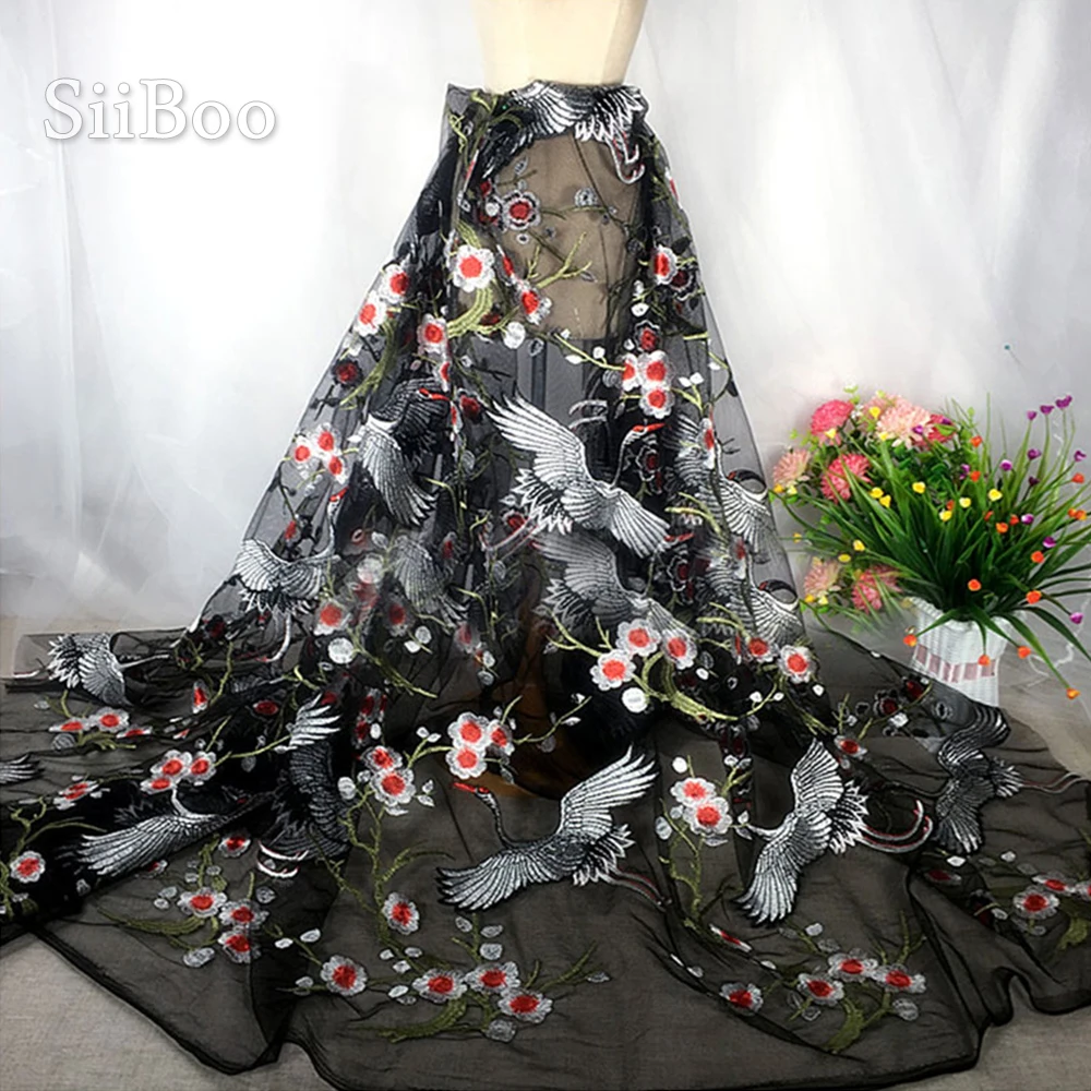 Элегантная сетчатая кружевная ткань с цветочной вышивкой журавля для свадебного