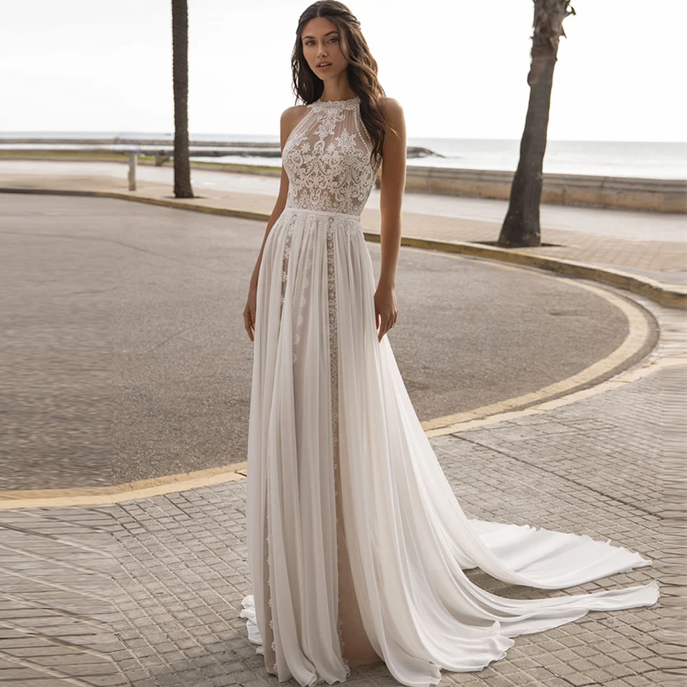 

Halter Bohemian Wedding Dress 2021 Sleeveless With Appliques Backless A-Line Open Side Sweep Train Bridal Gowns Vestio