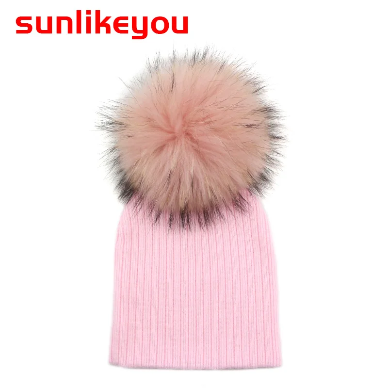 Sunlikeyou новорожденных трикотажные шапки для мальчиков и девочек из натурального меха енота помпонами теплая детская широкий берет-Боб Мягкие Кепки детская шапка для младенца