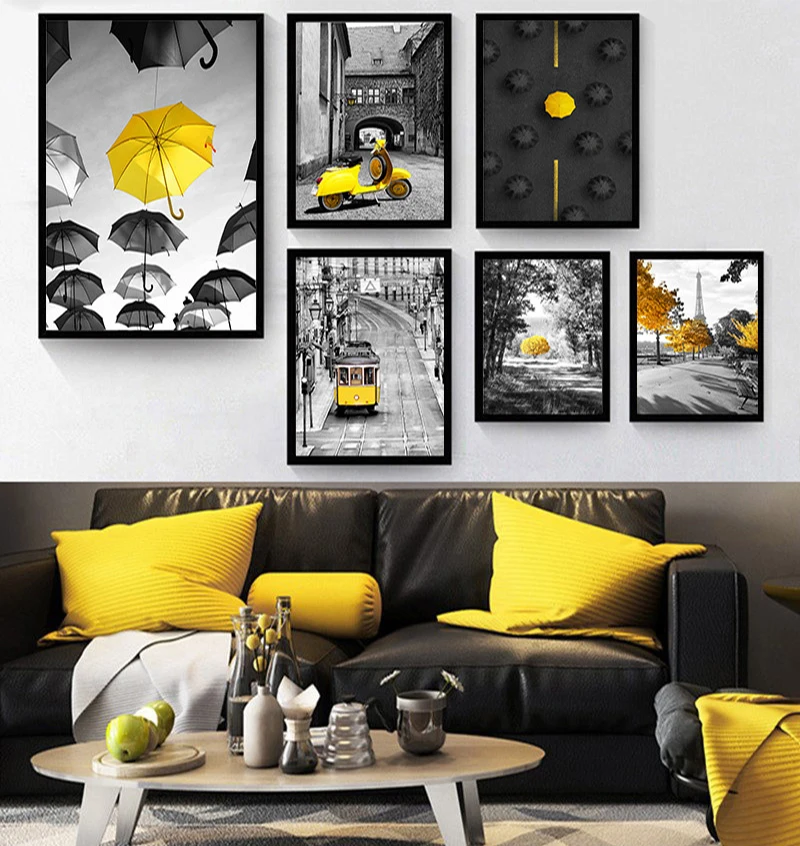 

Постер на холсте для пейзажа, настенное искусство, черно-белые желтые автобусы, картины в скандинавском стиле, картины для строительства, дл...