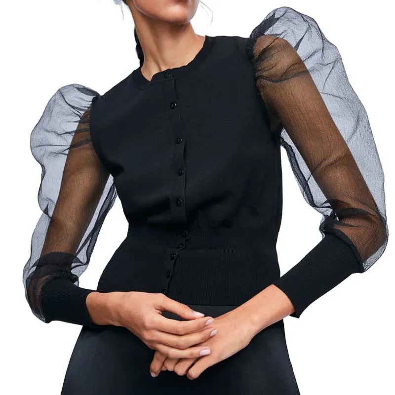 Осень 2019 Женский вязаный кардиган с круглым вырезом черный вязанный джинсовый