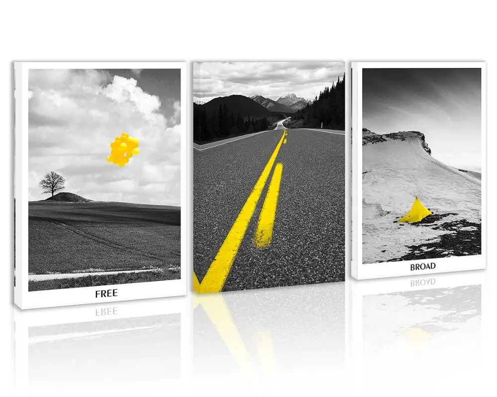 Черно белая желтая дорога настенный Декор Пейзаж Снежная гора Холст Картина