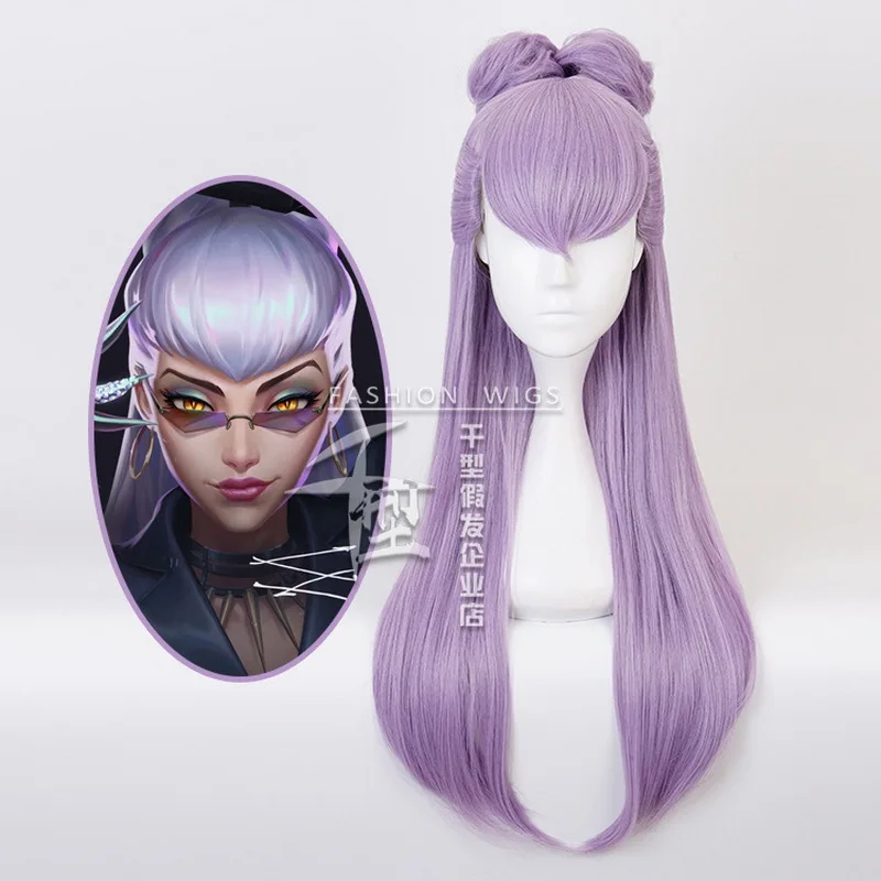 

Anime LOL KDA Evelynn Cosplay Wigs Agony's Embrace Women Long Purple Hair Wig With Buns Halloween Costume Party Play Wigs