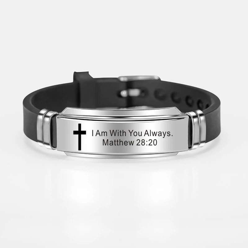 

Trendy Cross Jesus Scripture Quote Bracelet Christian Bible Verse Inspiring Faith Stainless Steel Bracelets Silicone Wristband