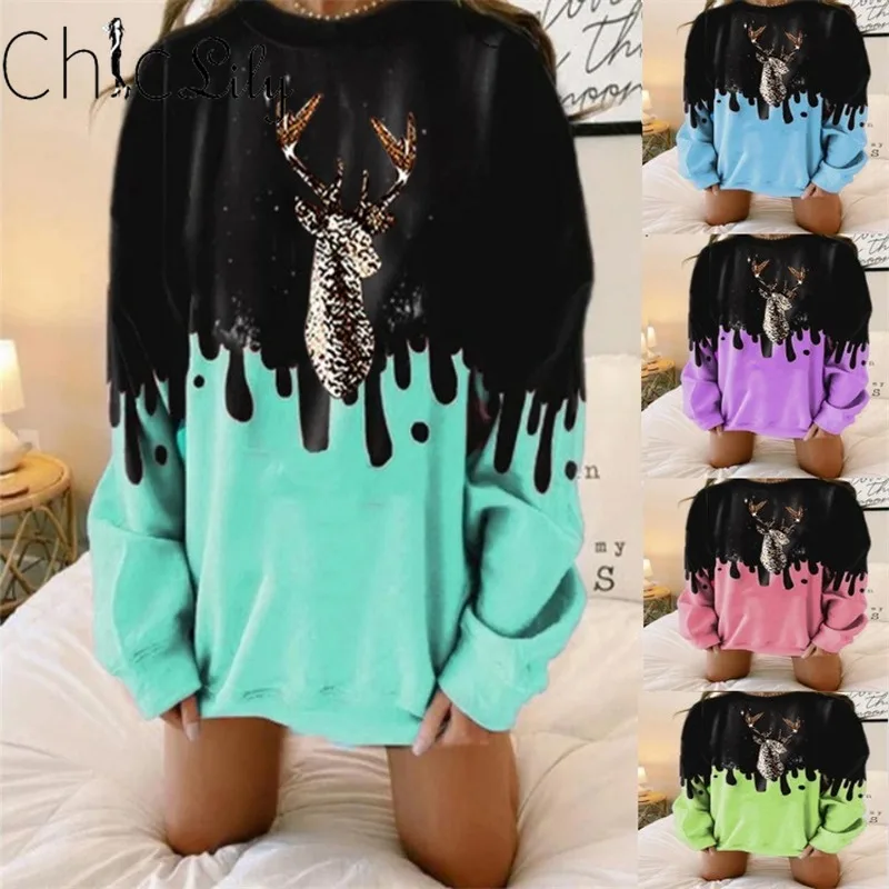 

Chiclily Long Sleeve Elk Print Christmas Sweatshirt Casual Loose Pullover O-Neck Tops Women Korean Hoodies