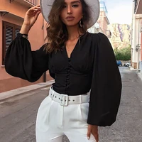 blouses woman 2021 sexy deep v neck black button lantern long sleeve slim fashion autumn new elegant lady shirt top