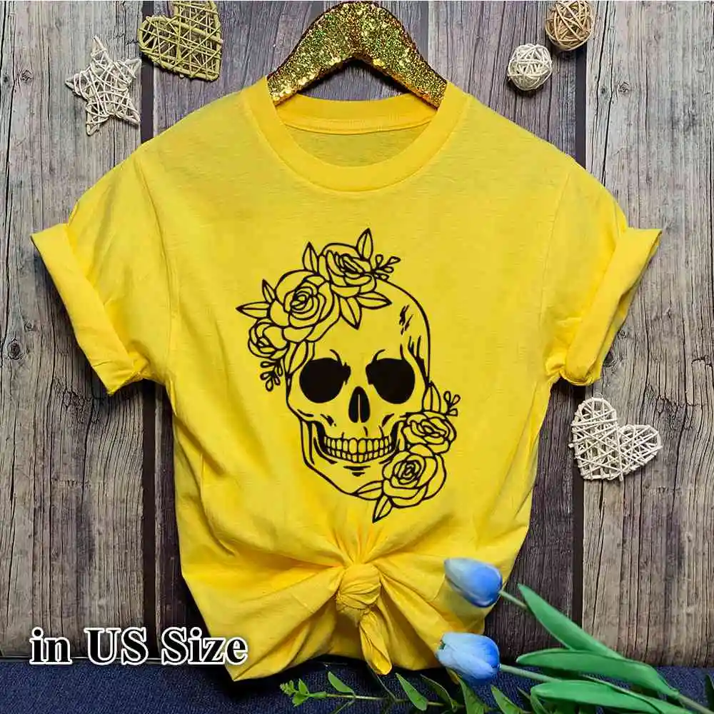 

E-T Summer Short SleeveS Women Print Skulls O Neck Loose Fashion Tee Shirt Tops Graphic 100% Cotton