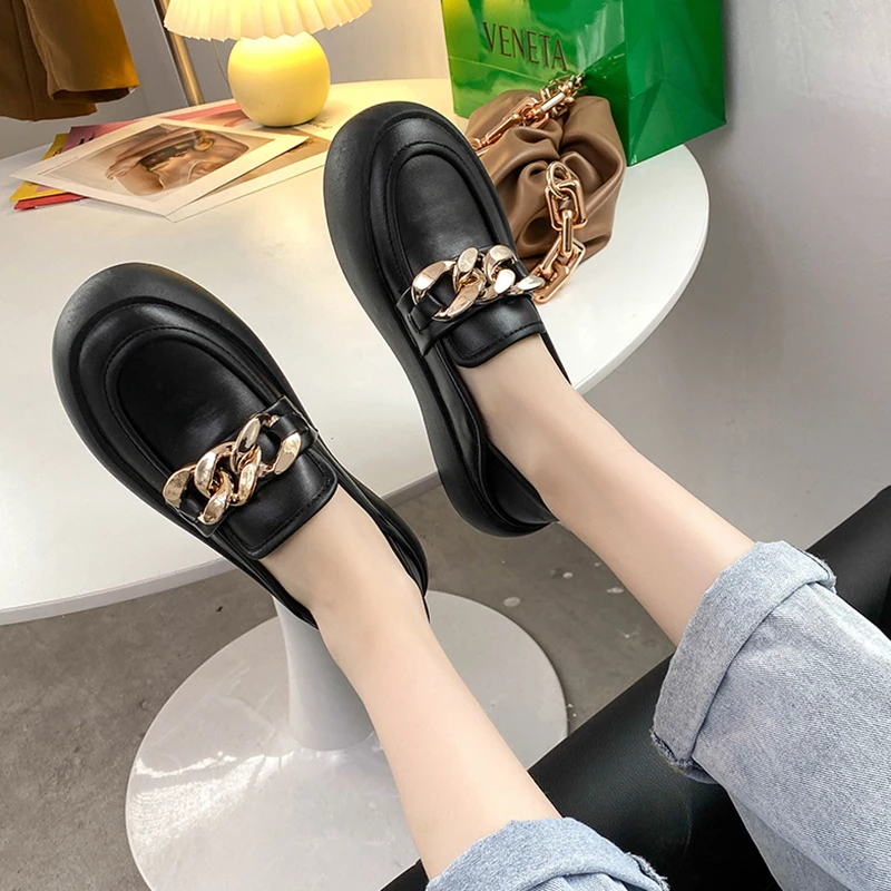 

Shoes Woman 2021 Loafers With Fur Female Footwear Round Toe Casual Sneaker New Summer Slip-on Dress Retro Slip-On PU Fabric Leis