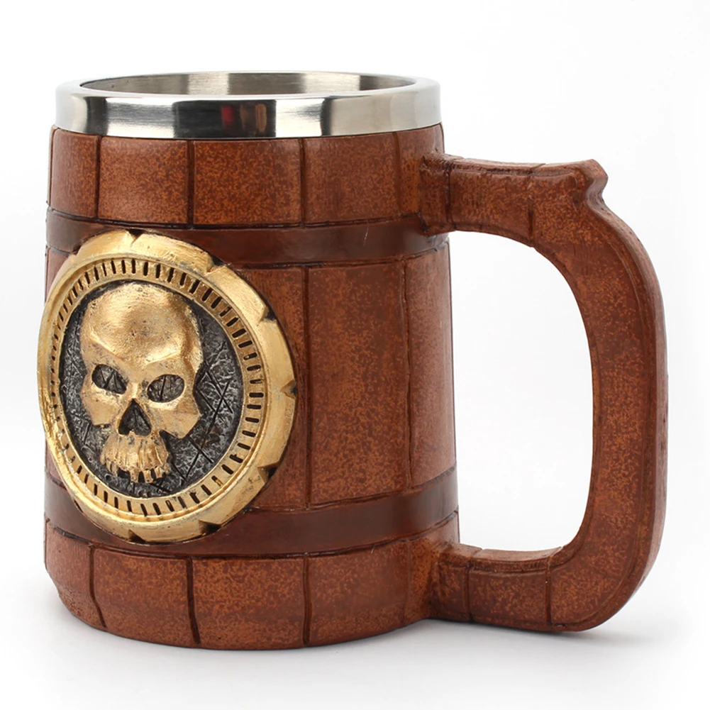 

600ML Retro Skull Wooden Barrel Cup 3D Resin Stainless Steel Beer Mug Knight Halloween Tea Coffee Cup Pub Bar Decoration