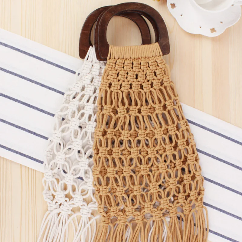 

Fashion Wooden Hollow Handle Portable Net Straw Bag Cotton Rope Hand Woven Forest Beach Women's Handbag Artificial With Tassels