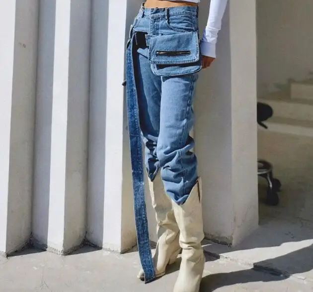 

Cultiseed Women Fashion Jeans Female New High Waist Personality Straight Denim Jeans Pant Trousers with Waist Pack Ladies Pants