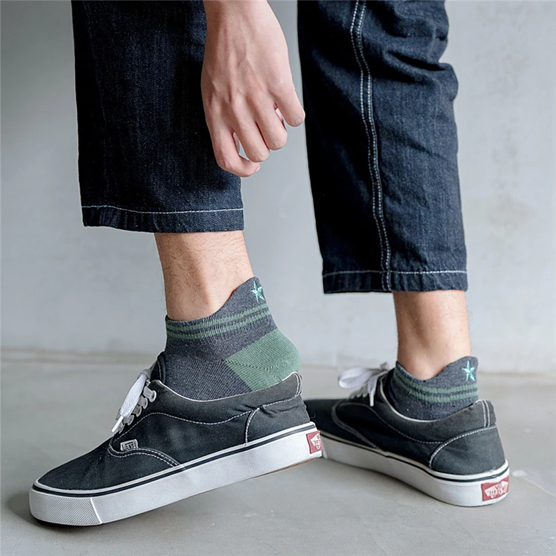 Stitching Color Five Pointed Star Heel Protector Ankle Socks Men Cotton Students Boy Casual Low Cut Non Slip Loafer | Мужская одежда