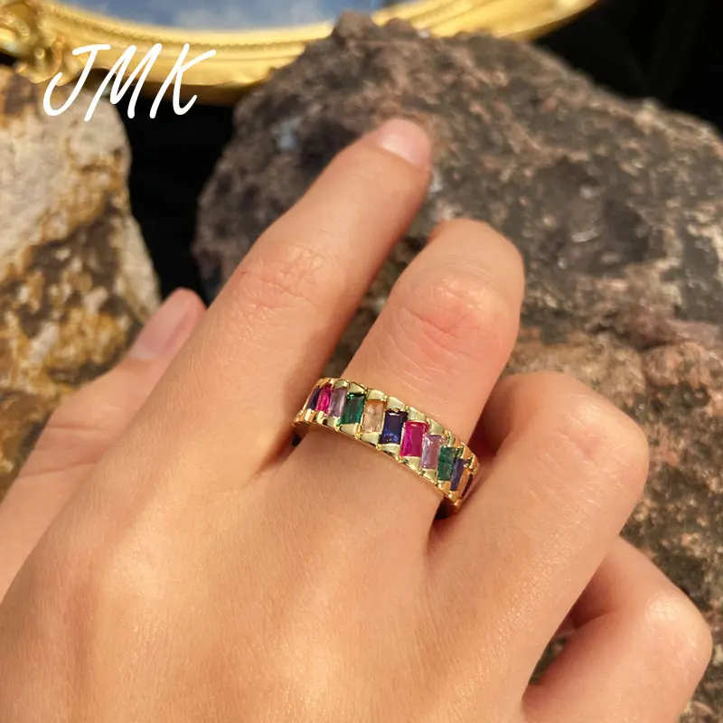 

JMK Luxury Colorful Zircon Gold Ring Cuban Wedding Band Eternity Crystal Jewelry For Women Men Lover Party Gift Dropshipping