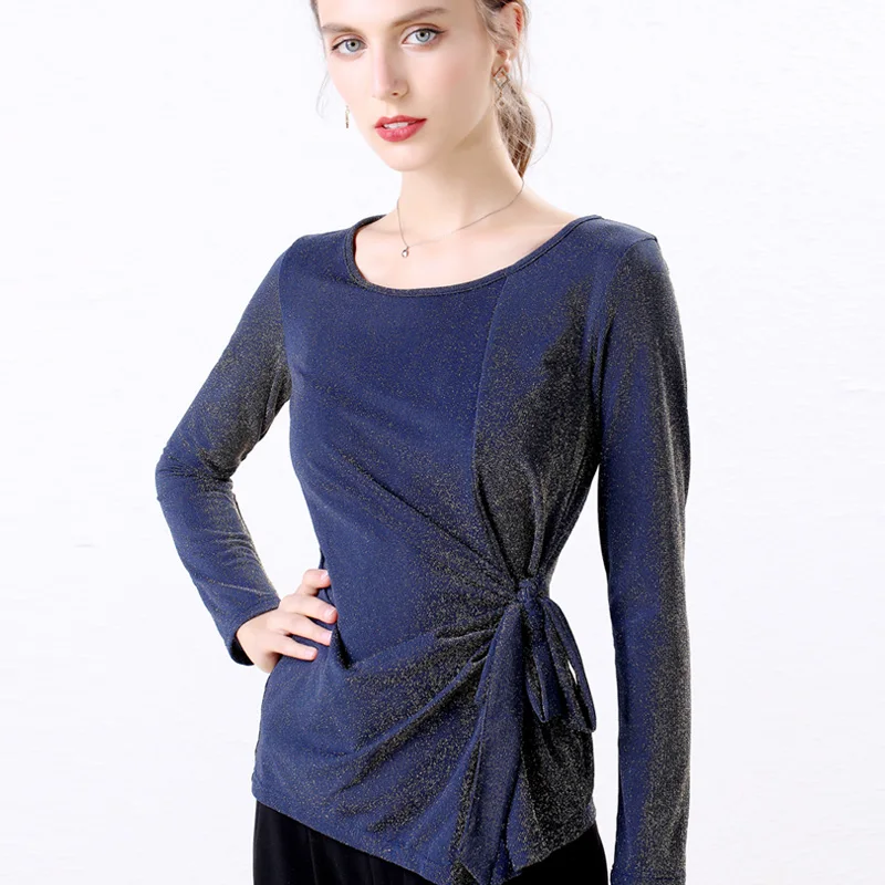 Женская блузка Корейская с длинными рукавами блестящая рубашка люрексом и
