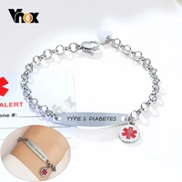 vnox free custom engrave medical alert id bracelets for women simple stainless steel rolo chain length adjustable jewelry