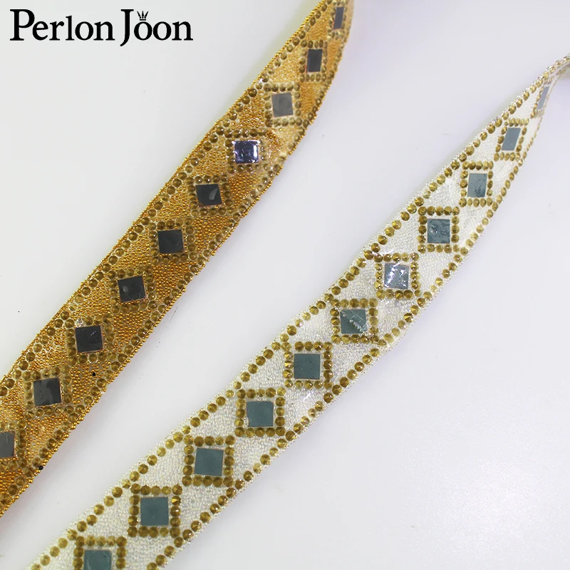 1 yard Gold silver retro rhinestone hot fix tape ribbon crystal rhinestone decoration iron on shoes clothing accessories TR024