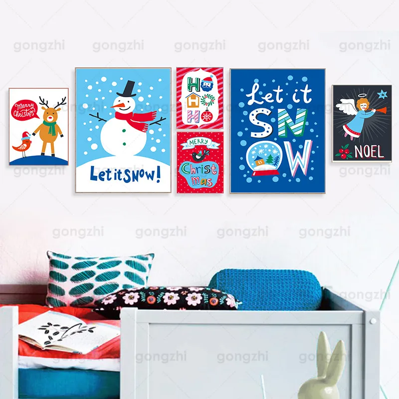 

Blue Red Christmas Decoration Wall Painting Winter Snowman Elk Cute Waterproof Ink Printing Home Canvas Frameless Poster