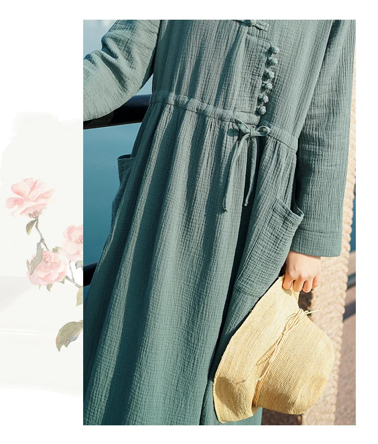 

Loose Collect Waist Drawstring Button Dress Women Chinese Style Vintage Red Big Swing Pockets Long Sleeve Dresses 2020 Spring